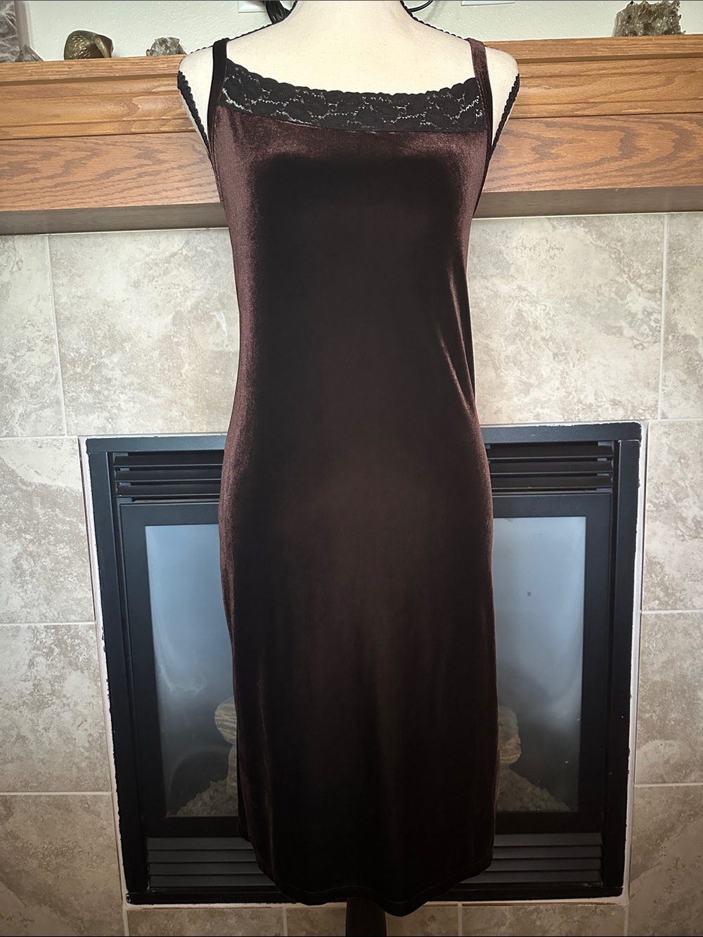 Vintage 90s Size M Eminence USA Brown Velvet Black Lace Slip Dress